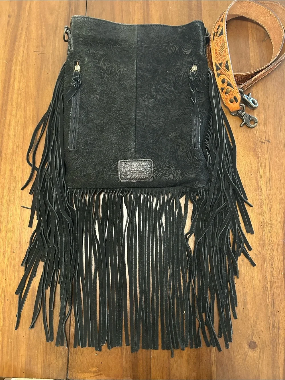 American Darling Black Leather Fringe Crossbody